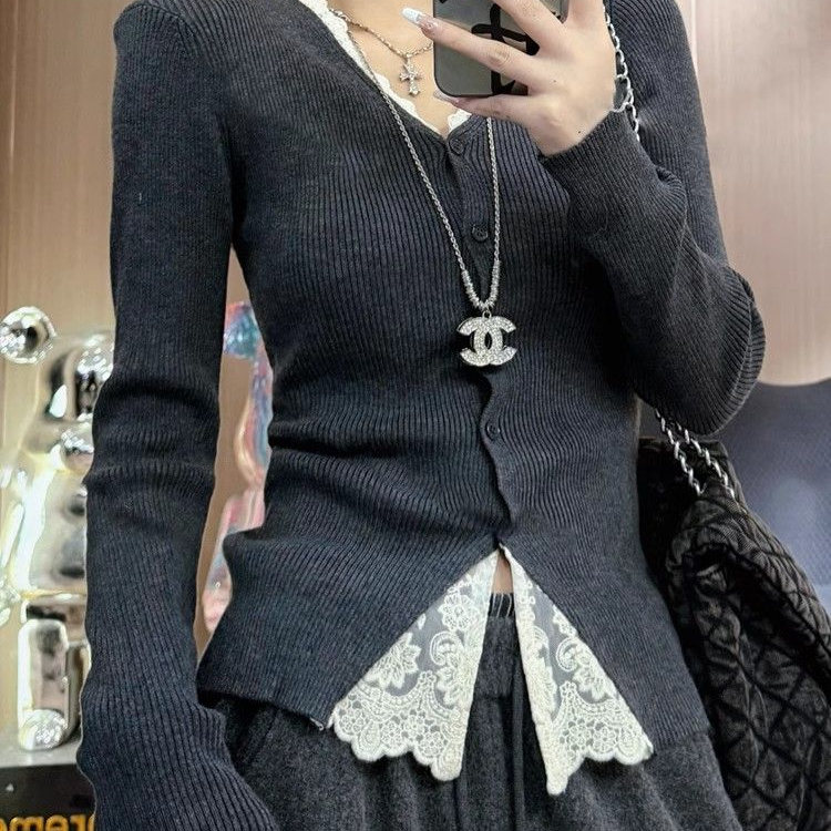 蕾丝拼接打底女长袖新款修身上衣