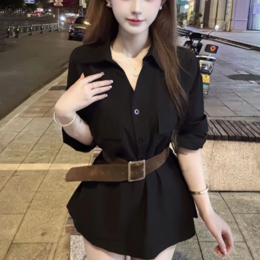 法式高级感气质翻领长袖衬衫女秋2025收腰遮肉显瘦配腰带减龄上衣