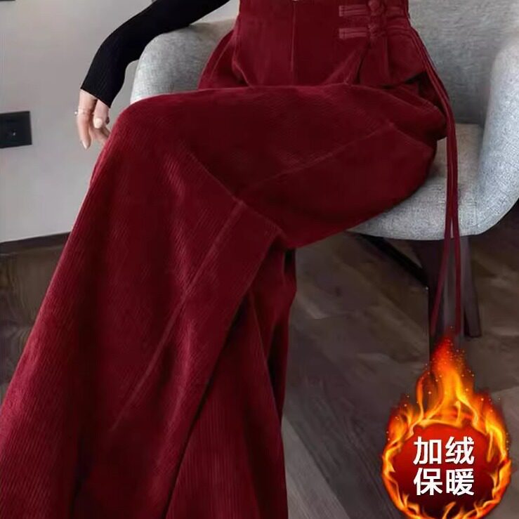 新中式拉菲红盘扣高腰灯芯绒阔腿