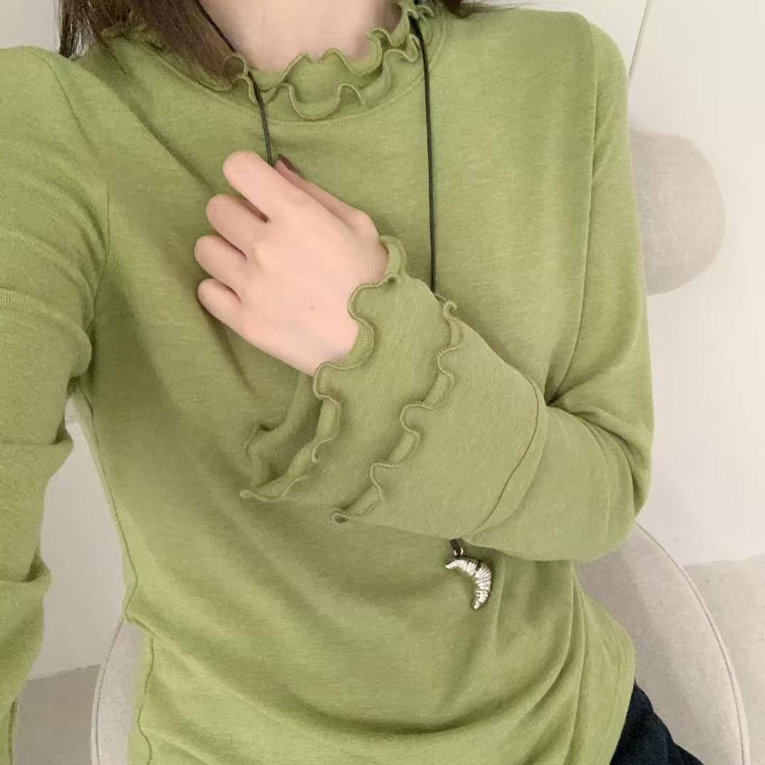 秋冬双层木耳边设计感长袖拼接t恤女柔软亲肤时尚百搭打底衫上衣