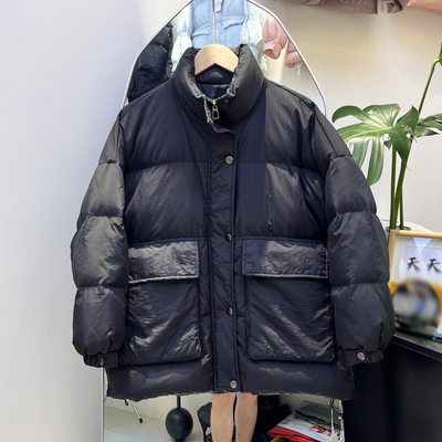 2025冬装新款女宽松被子款立领中长款工装大口袋羽绒服白鸭绒外套