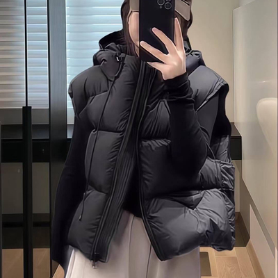 2025秋冬新款女欧货鹅绒连帽泡芙羽绒马甲女短款小个子白鹅绒背心