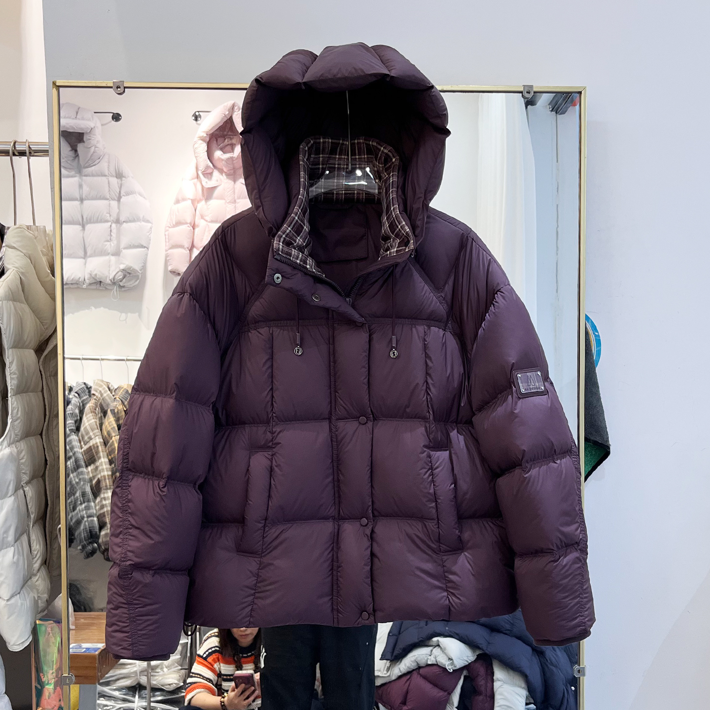 新国标90白鸭绒外套高端女时尚格纹拼接连帽加厚羽绒服短款面包服