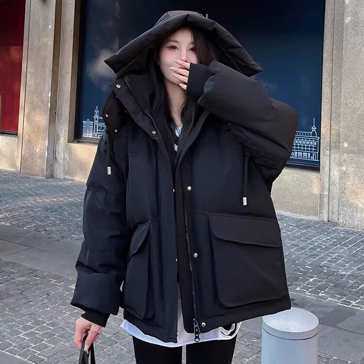 2025冬装新款女工装大口袋宽松短款白鸭绒连帽加厚抗风羽绒服外套
