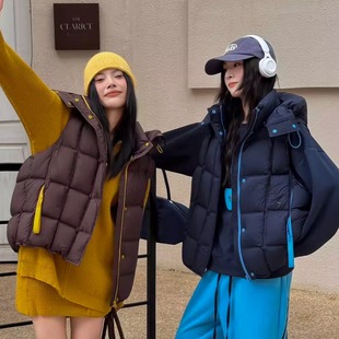 新国标90白鸭绒女高端原创设计师连帽拼色工装羽绒服马甲无袖背心