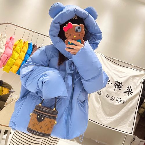高端欧货女小熊耳朵短款连帽羽绒服2025新款小个子加厚面包服外套