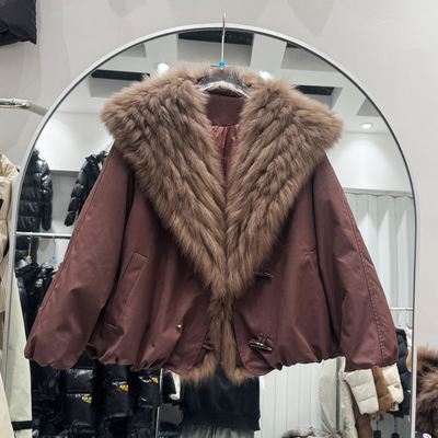真狐狸毛大毛领短款皮草派克服 女小个子厚实肯豆鹅绒羽绒服外套
