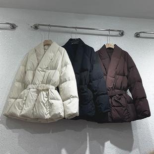 小众收腰女羽绒服冬新款韩版腰带新中式国风白鸭绒保暖面包服外套