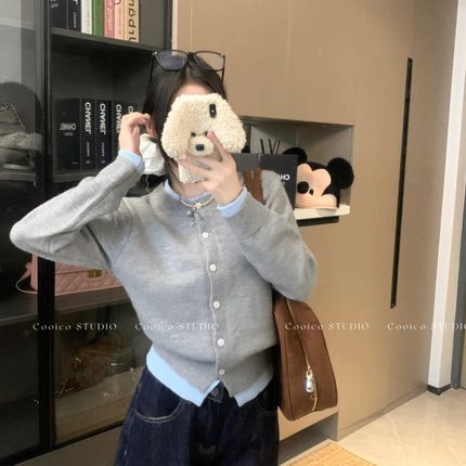 春秋韩系chic软糯拼接撞色假两件灰色针织开衫外套女外搭毛衣上衣
