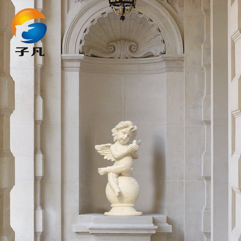 子凡欧式石雕汉白玉坐圆球小天使人物雕塑带翅膀石雕小天使mjy44