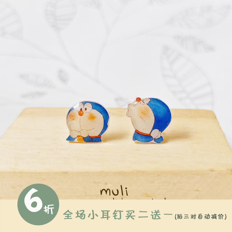 哆啦a梦蓝胖子925纯银耳钉卡通可爱机器猫银针少女耳环防过敏清新