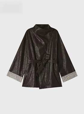 【专柜大清仓】新款咖色复古中长款皮衣外套双排扣立领女X720