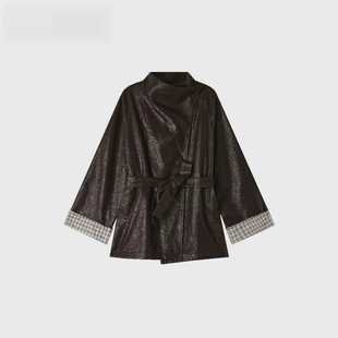 【专柜大清仓】新款咖色复古中长款皮衣外套双排扣立领女X720