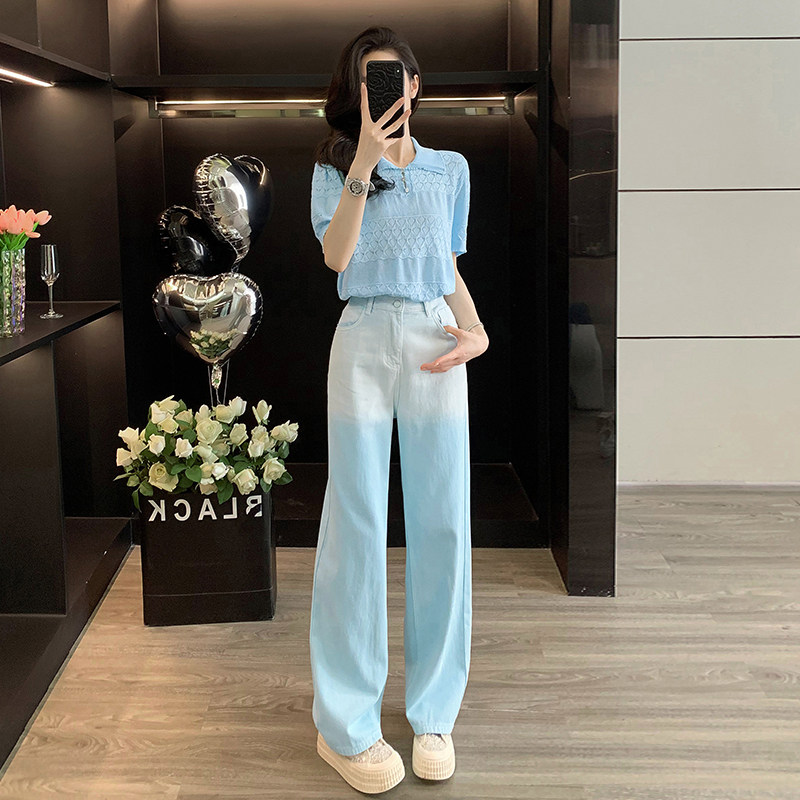 多巴胺休闲运动套装女夏季时尚减龄洋气短袖渐变牛仔阔腿裤两件套