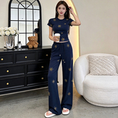 新款 街头休闲套装 时尚 T恤垂感舒适长裤 女 设计高级感印花修身 夏季