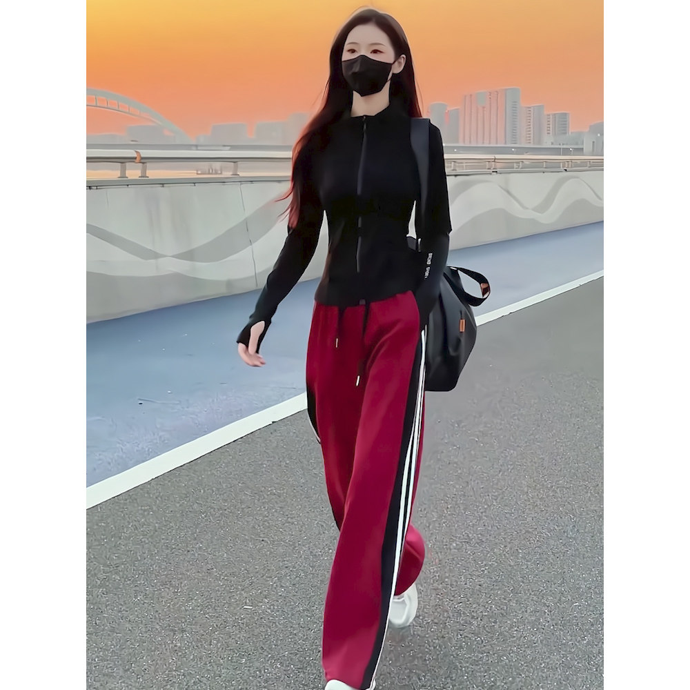韩版简约风休闲直筒长裤两件套