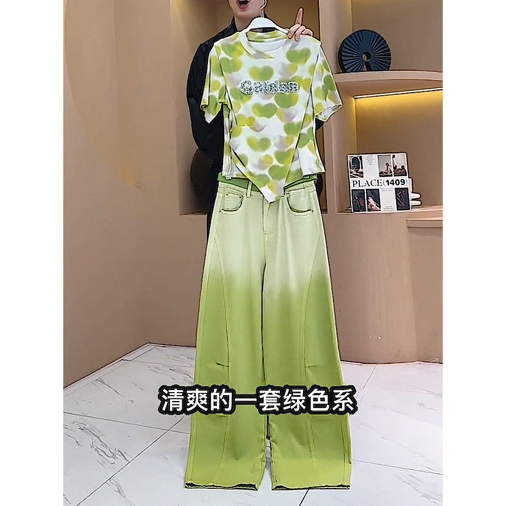 时尚洋气设计感刺绣短上衣高腰渐变牛仔裤高级潮流休闲街头套装女