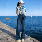 新款 休闲气质遮肉套装 港风撞色拼接中袖 高腰阔腿牛仔裤 女 衬衫 夏季