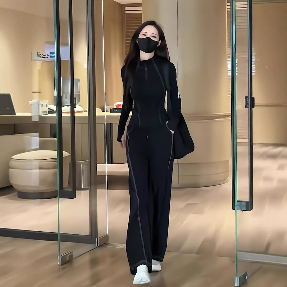 户外运动健身训练骑行服拼色条纹半拉链立领长袖T恤阔腿裤两件套,女装/女士精品,时尚套装,淘宝优惠券,粉丝福利购,淘宝优惠卷