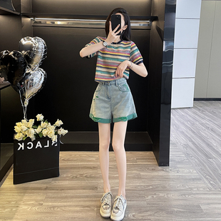 小个子休闲套装女夏装搭配一整套条纹针织上衣搭配牛仔短裤两件套