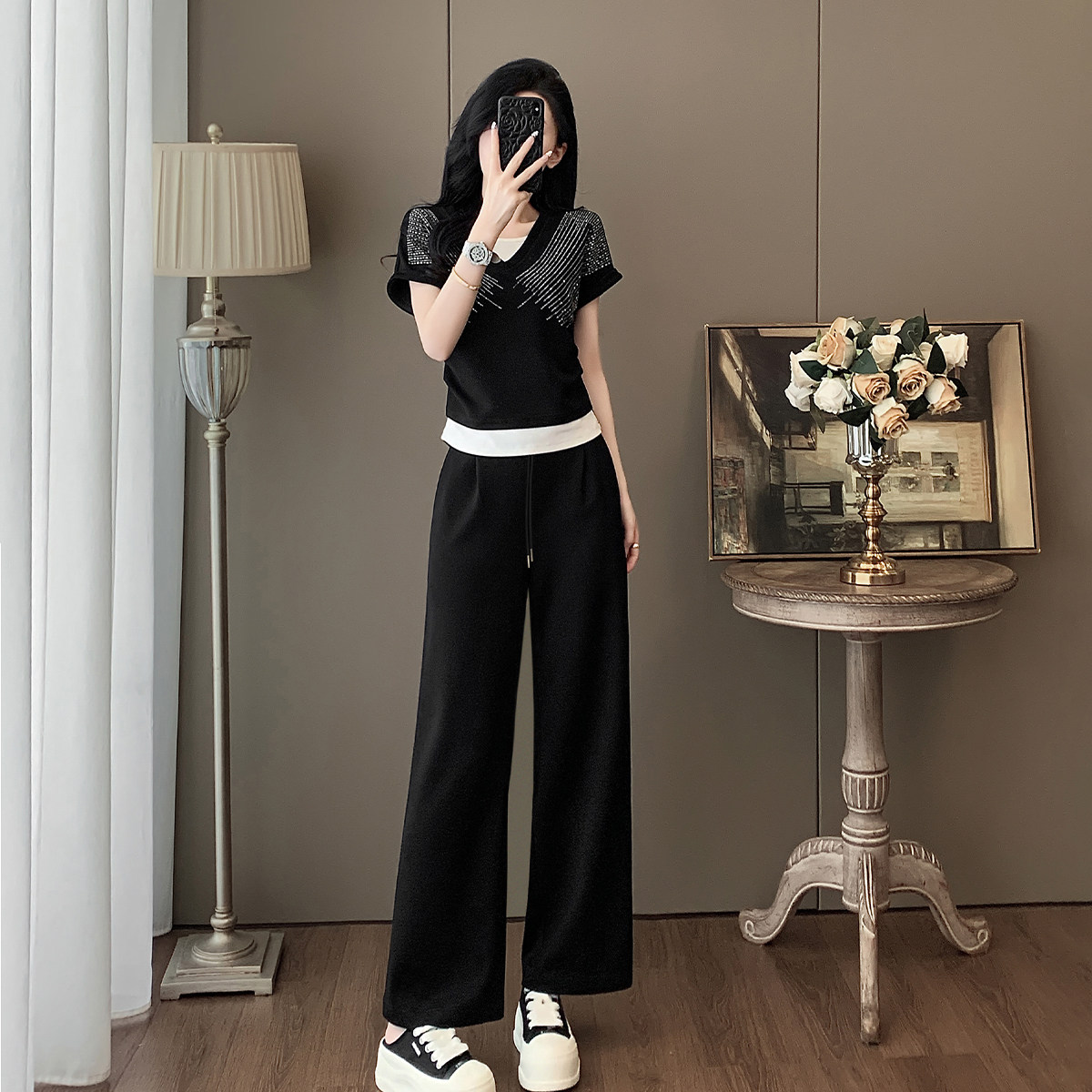 高级感黑色休闲时尚运动套装女夏洋气显瘦假两件上衣阔腿裤两件套