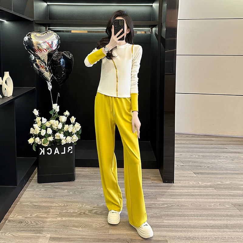 春季休闲时尚撞色拼接圆领长袖上衣抽绳阔腿裤运动气质小个子套装