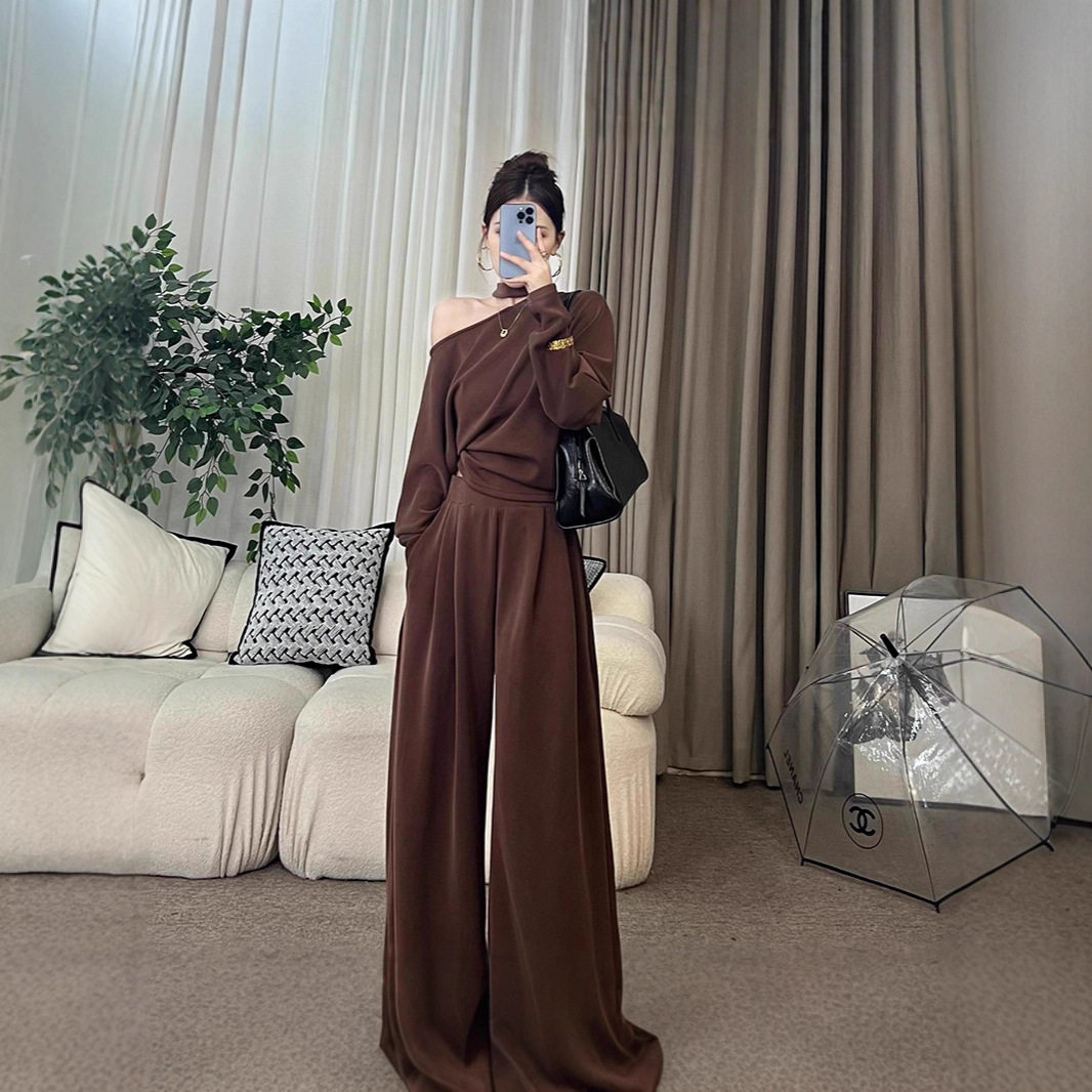 简约优雅气质轻熟斜边露肩显瘦上衣高腰阔腿长裤休闲时尚两件套女,女装/女士精品,休闲运动套装,淘宝优惠券,粉丝福利购,淘宝优惠卷