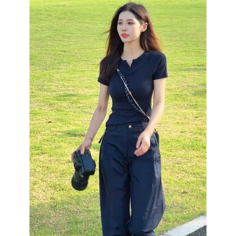 夏季弹力显瘦正肩套头短袖高腰阔腿工装裤亲肤透气休闲运动套装女
