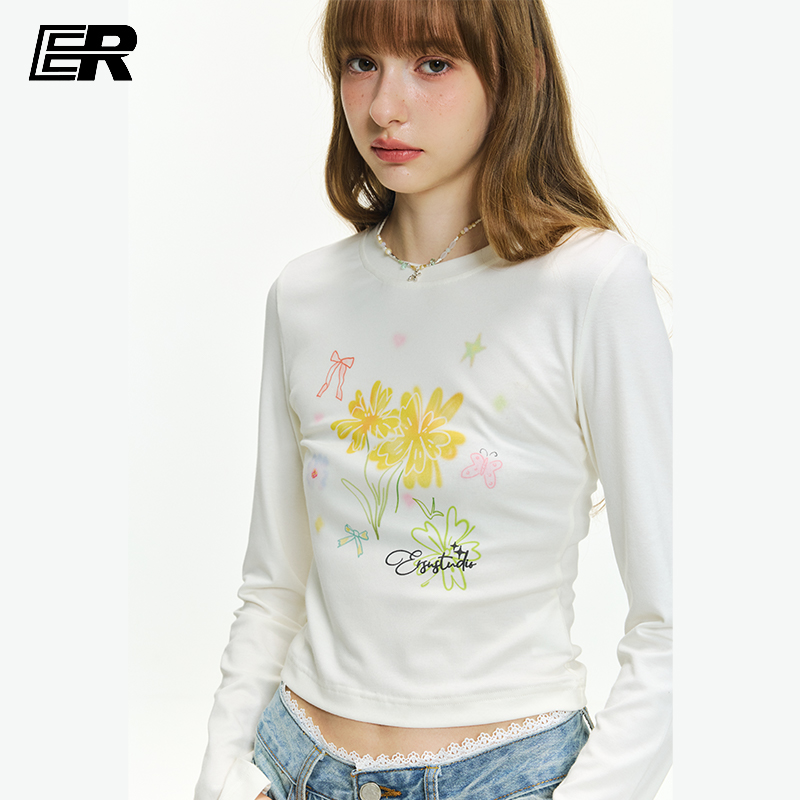 ER花卉印花修身辣妹长袖t恤2025秋季美式慵懒风显瘦内搭短款上衣