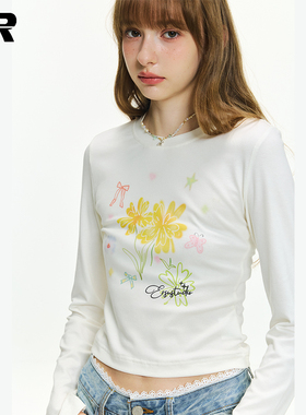 ER花卉印花修身辣妹长袖t恤2025秋季美式慵懒风显瘦内搭短款上衣