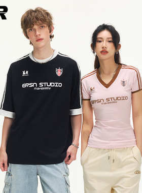 ER条纹正肩V领短袖T恤男女同款2025夏季美式复古辣妹修身球衣