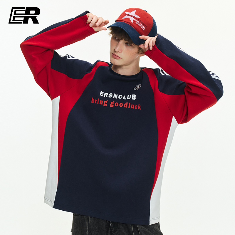 ER条纹撞色拼接长袖t恤男女春秋新款美式潮牌宽松学生情侣上衣