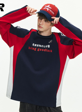 ER条纹撞色拼接长袖t恤男女春秋新款美式潮牌宽松学生情侣上衣