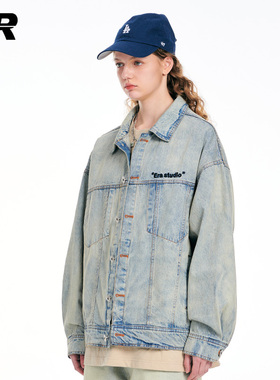 ER黄泥牛仔夹克男春秋季薄款宽松情侣装潮牌工装外套美式复古做旧