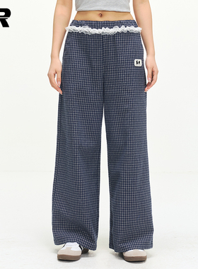 ER韩系蕾丝花边格子裤女2025年夏季百搭遛弯阔腿裤宽松休闲运动裤