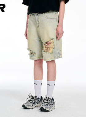 ER不规则破洞牛仔短裤男夏薄款宽松潮牌美式高街水洗做旧五分裤子