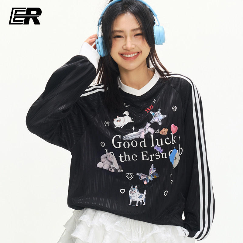 ER萌宠乐园V领长袖t恤男夏季潮牌运动户外休闲宽松情侣上衣球服