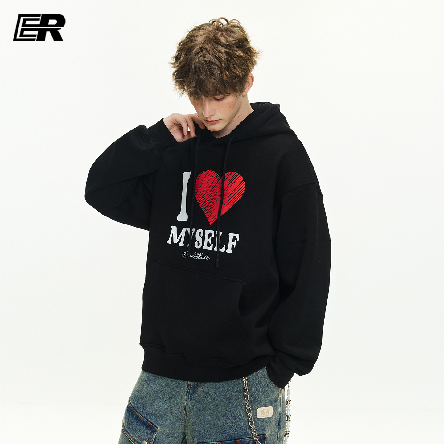ER爱心印花连帽卫衣男女秋季美式潮牌宽松户外学生休闲情侣外套