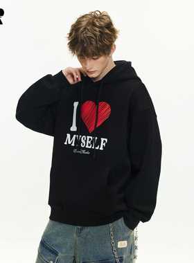 ER爱心印花连帽卫衣男女秋季美式潮牌宽松户外学生休闲情侣外套