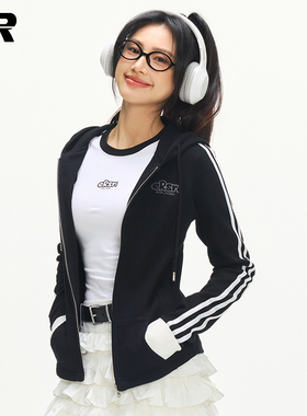 ER三条杠卫衣开衫女2025年春秋美式辣妹上衣修身收腰连帽抽绳外套