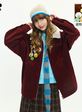 ER美拉德学院风徽章羊羔毛领夹克秋季vintage美式复古设计感外套