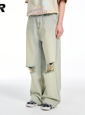 ER复古做旧破洞黄泥牛仔裤男夏薄款潮牌直筒宽松美式高街阔腿长裤