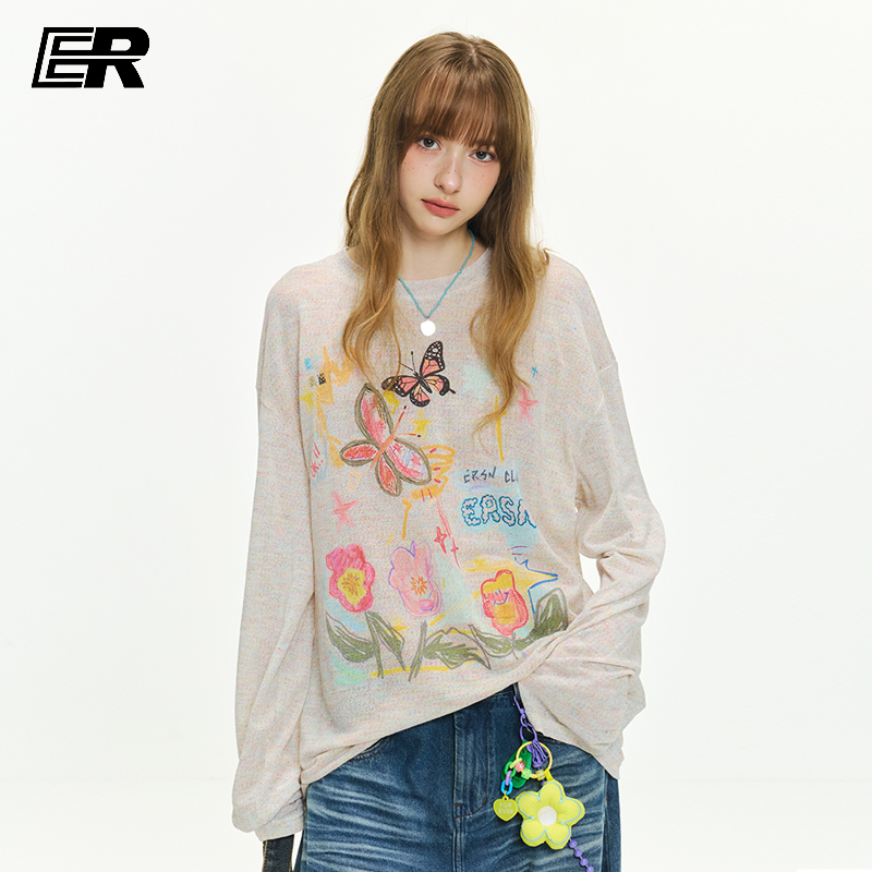 ER植物彩绘薄款物理防晒罩衫男女国潮街舞嘻哈潮流外穿长袖上衣