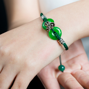 干青平安扣手链绿色手绳编织手串高级感送闺蜜装银饰品古风原创女