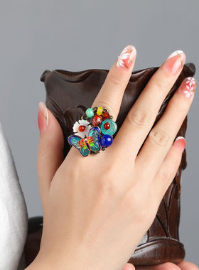 民族风景泰蓝蝴蝶食指女蓝玉髓