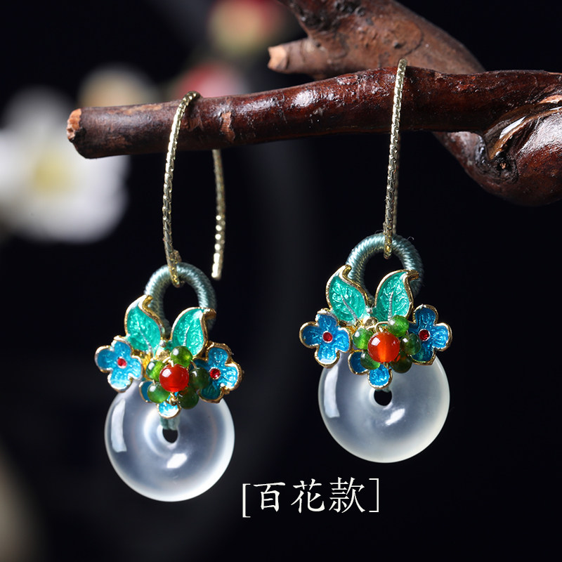 翡翠平安扣耳环民族风耳坠玉石冰种耳饰女古风耳钉景泰蓝旗袍可爱