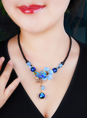 珠花蝶度蓝色花朵项链女多层棉麻链子民族风饰品手工编织绳短款