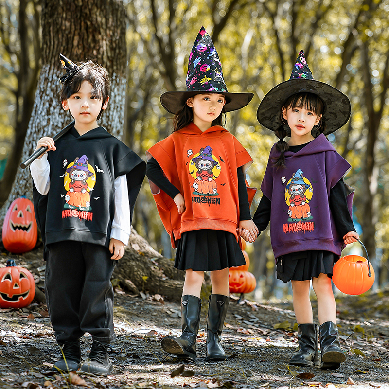 儿童万圣节服装cosplay服男童连帽无袖背心蝙蝠衫南瓜女童穿搭