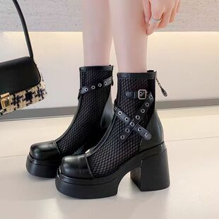 马丁靴网靴夏季镂空超高跟粗跟厚底网纱薄款皮带扣凉靴增高10厘米