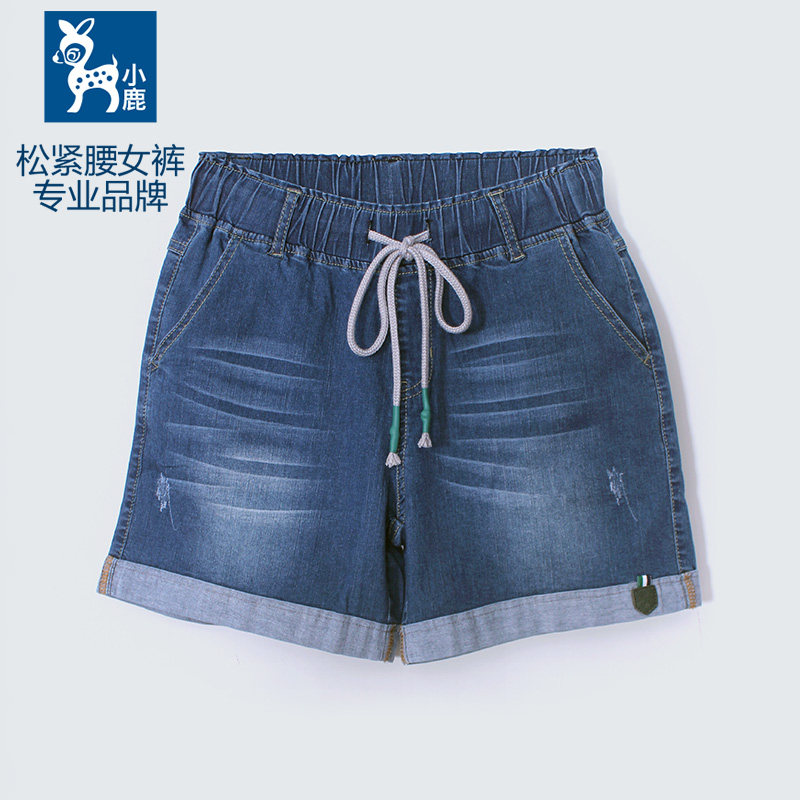 小鹿松紧腰牛仔短裤女夏季薄胖mm图片